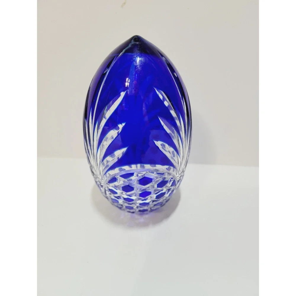 Vtg Bohemian Cobalt Blue Cut to Clear Crystal Egg Paperweight Art Glass 4.25